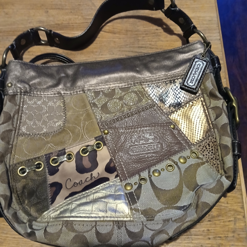 Coach Patchwork Shoulder Bag - Brown and Gold Tones